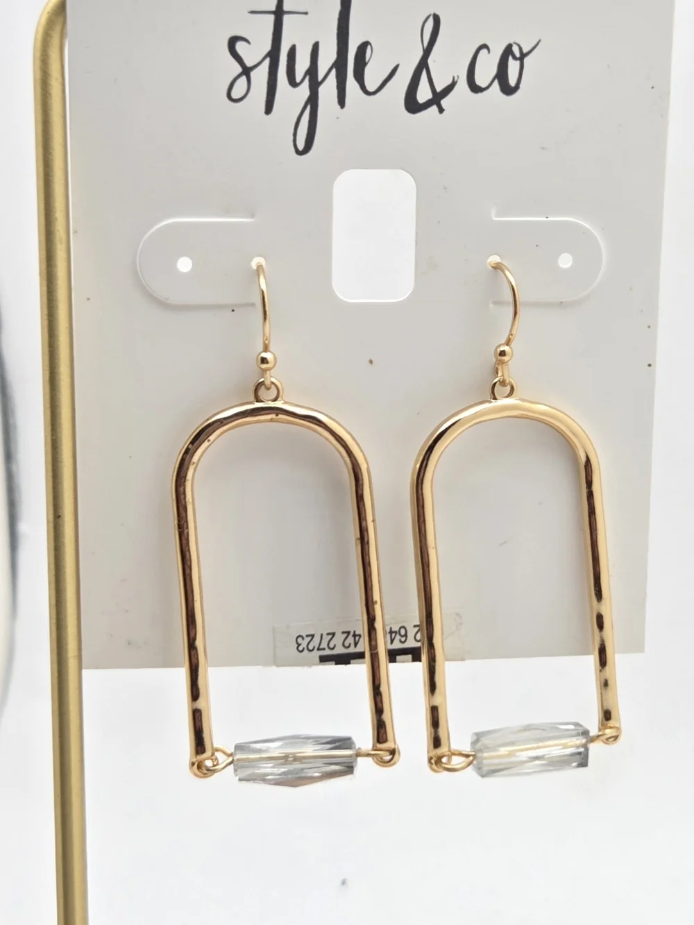 Style & Co Gold Tone Geometric Arch Drop Earrings Clear Faceted Bead NWT